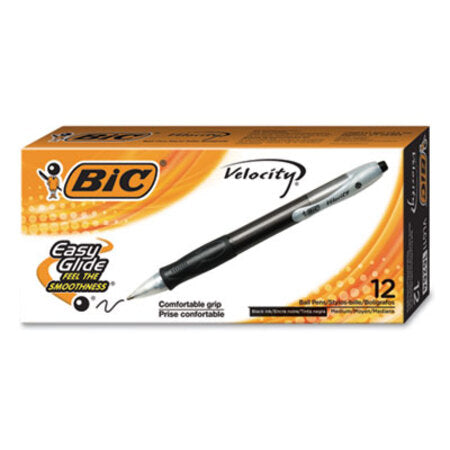 Bic® Velocity Retractable Ballpoint Pen, 1mm, Black Ink, Trans Black Barrel, Dozen