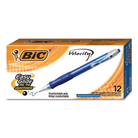 Bic® Velocity Retractable Ballpoint Pen, 1mm, Blue Ink, Trans Blue Barrel, Dozen