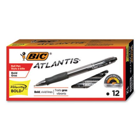 Bic® Velocity Atlantis Bold Retractable Ballpoint Pen, 1.6mm, Black Ink, Smoke Barrel, Dozen