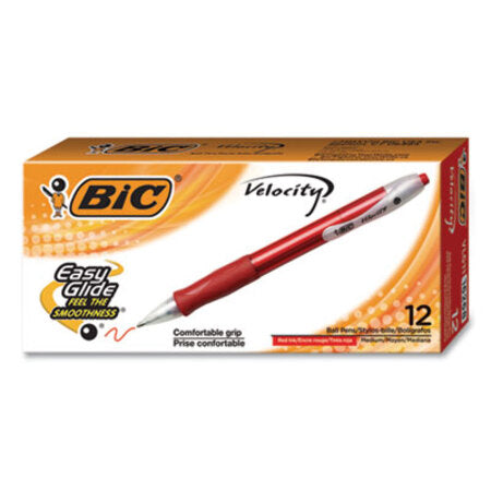 Bic® Velocity Retractable Ballpoint Pen, 1mm, Red Ink, Translucent Red Barrel, Dozen