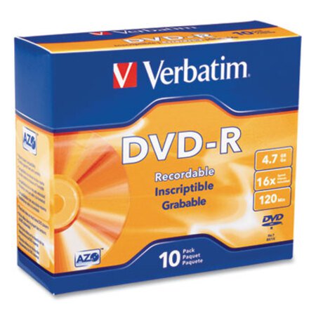 Verbatim® DVD-R Discs, 4.7GB, 16x, w/Slim Jewel Cases, 10/Pack