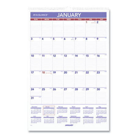 AT-A-GLANCE® Monthly Wall Calendar with Ruled Daily Blocks, 15.5 x 22.75, White, 2021