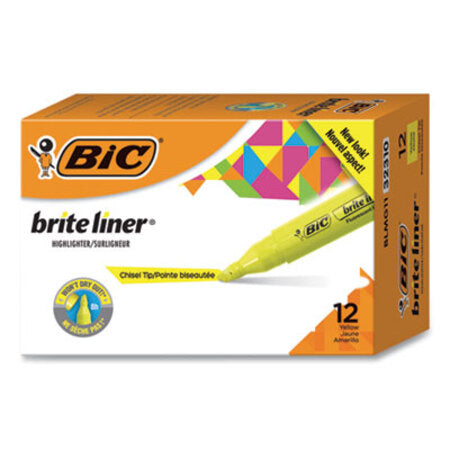 Bic® Brite Liner Tank-Style Highlighter, Chisel Tip, Fluorescent Yellow, Dozen