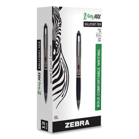 zebra® Z-Grip MAX Retractable Ballpoint Pen, 1.2mm, Black Ink, Translucent Black Barrel, Dozen