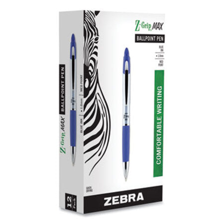 zebra® Z-Grip MAX Retractable Ballpoint Pen, Medium 1mm, Blue Ink, Silver Barrel, Dozen