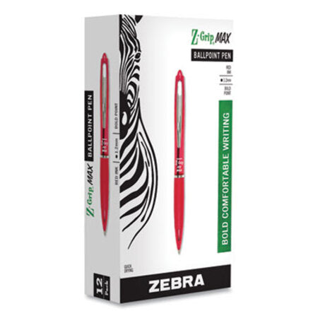 zebra® Z-Grip MAX Retractable Ballpoint Pen, Bold 1.2mm, Red Ink, Translucent Red Barrel, Dozen