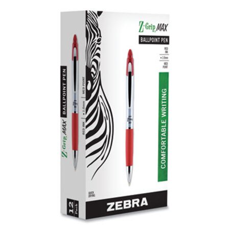 zebra® Z-Grip MAX Retractable Ballpoint Pen, Medium 1mm, Red Ink, Silver Barrel, Dozen