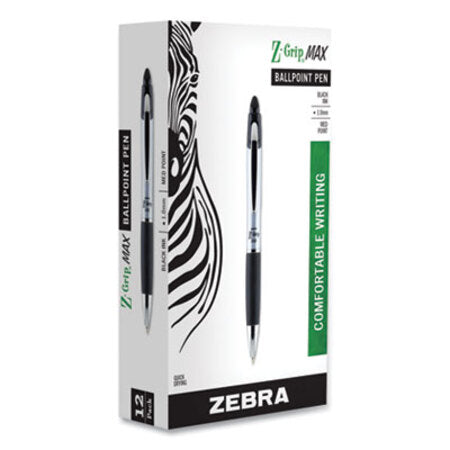 zebra® Z-Grip MAX Retractable Ballpoint Pen, 1mm, Black Ink, Silver Barrel, Dozen