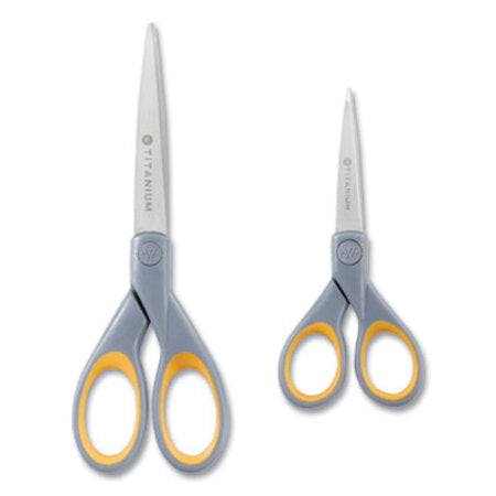 Westcott® Titanium Bonded Scissors, 5" and 7" Long, 2.25" and 3.5" Cut Lengths, Gray/Yellow Straight Handles, 2/Pack