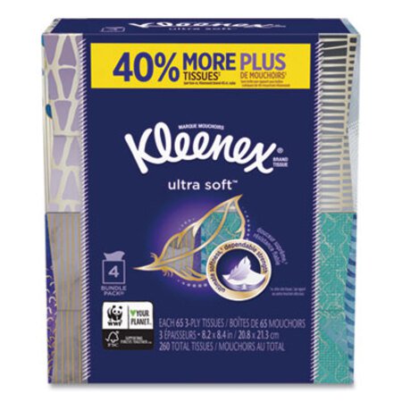 Kleenex® Ultra Soft Facial Tissue, 3-Ply, White, 8.75 x 4.5, 65 Sheets/Box, 4 Boxes/Pack, 12 Packs/Carton