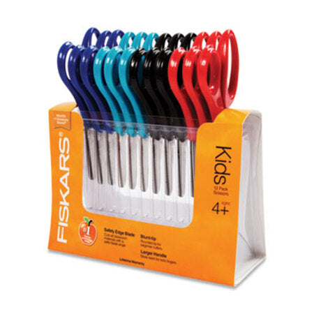 Fiskars® Kids/Student Scissors, Rounded Tip, 5" Long, 1.75" Cut Length, Assorted Straight Handles, 12/Pack
