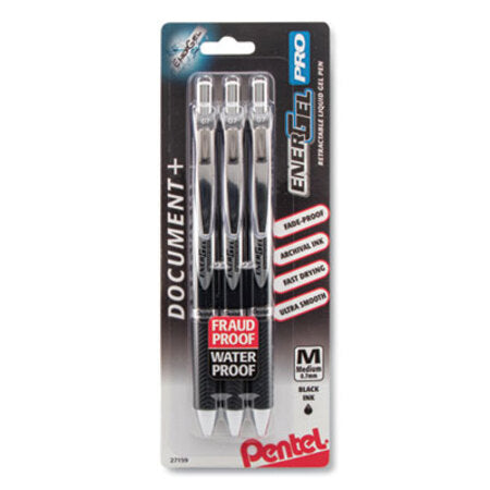 Pentel® EnerGel PRO Retractable Gel Pen, Medium 0.7mm, Black Ink/Barrel, 3/Pack