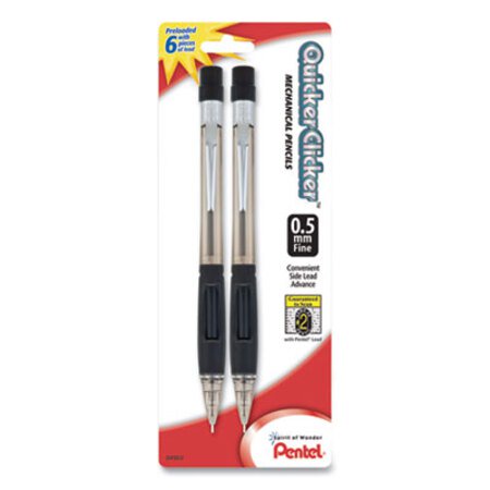 Pentel® Quicker Clicker Mechanical Pencil, 0.5 mm, HB (#2.5), Black Lead, Smoke Barrel, 2/Pack