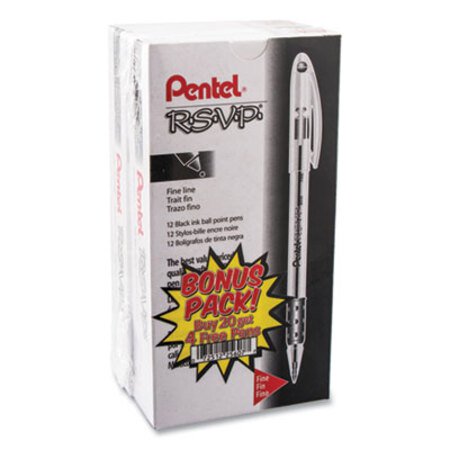 Pentel® R.S.V.P. Stick Ballpoint Pen Value Pack, 0.7mm, Black Ink, Clear/Black Barrel, 24PK