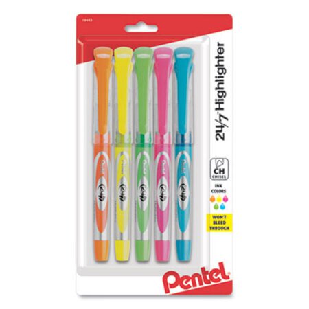 Pentel® 24/7 Highlighters, Chisel Tip, Assorted Colors, 5/Set
