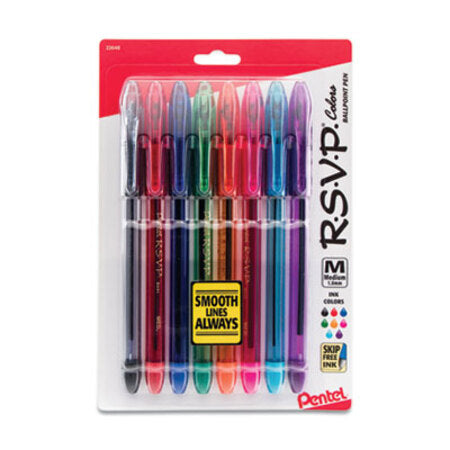 Pentel® R.S.V.P. Stick Ballpoint Pen, Medium 1mm, Assorted Ink/Barrel, 8/Pack