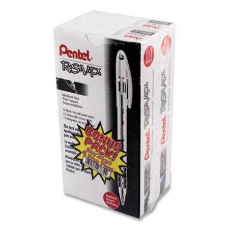 Pentel® R.S.V.P. Stick Ballpoint Pen Value Pack, 1mm, Black Ink, Clear/Black Barrel, 24/Pack