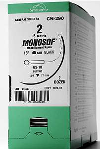 Suture with Needle Monosof~Dermalon Nonabsorbable Uncoated Black Suture Monofilament Nylon Size 10 - 0 8 Inch Suture Double-Armed 5 mm Length Compound Curve Spatula Needle