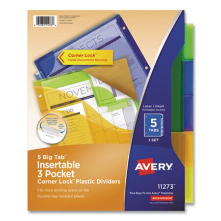 Avery® Insertable Big Tab Plastic Three-Pocket Corner Lock Dividers, 5-Tab, 11.13 x 9.25, Assorted, 1 Set