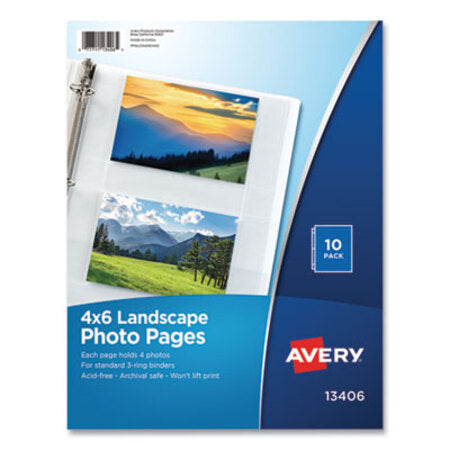 Avery® Photo Storage Pages for Four 4 x 6 Horizontal Photos, 3-Hole Punched, 10/Pack