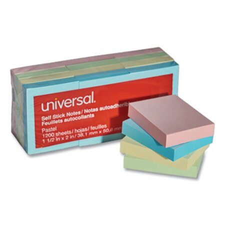 Universal® Self-Stick Note Pads, 1 1/2 x 2, Assorted Pastel Colors, 100-Sheet, 12/Pack