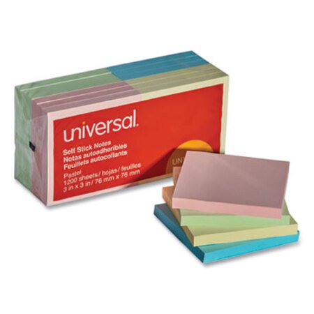 Universal® Self-Stick Note Pads, 3 x 3, Assorted Pastel Colors, 100-Sheet, 12/Pack