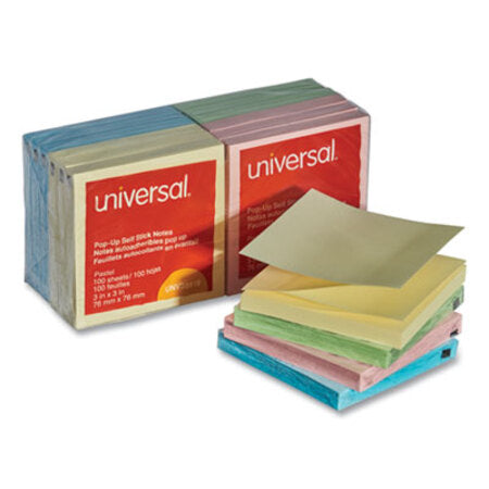 Universal® Fan-Folded Self-Stick Pop-Up Notes, 3 x 3, 4 Assorted Pastel, 100-Sheet, 12/PK