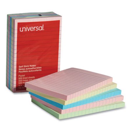 Universal® Self-Stick Note Pads, 4 x 6, Lined, Assorted Pastel Colors, 100-Sheet, 5/PK