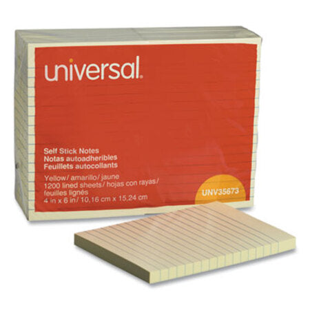 Universal® Self-Stick Note Pads, Lined, 4 x 6, Yellow, 100-Sheet, 12/Pack