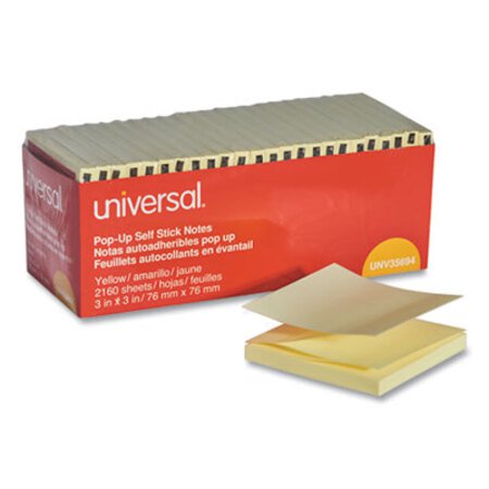 Universal® Fan-Folded Self-Stick Pop-Up Note Pads, 3" x 3", Yellow, 90-Sheet, 24/Pack