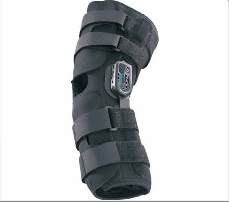 DJO Hinged Knee Brace DonJoy® Playmaker® Standard Large Pull-On / Hook and Loop Strap Closure 21 to 23-1/2 Inch Thigh Circumference / 15 to 17 Inch Knee Center Circumference / 16 to 18 Inch Calf Circumference Left or Right Knee