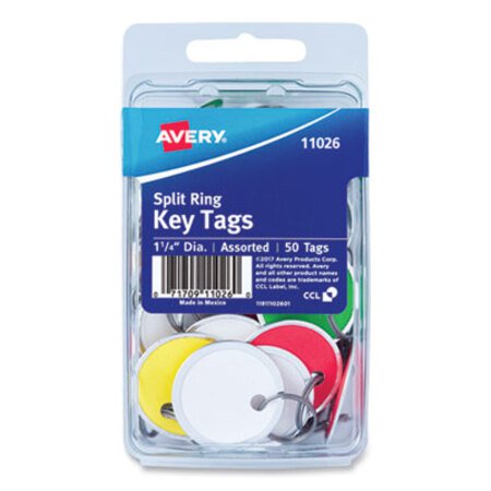 Avery® Key Tags with Split Ring, 1 1/4 dia, Assorted Colors, 50/Pack