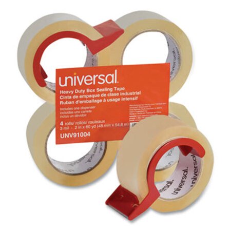 Universal® Heavy-Duty Box Sealing Tape with Dispenser, 3" Core, 1.88" x 60 yds, Clear, 4/Box