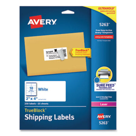 Avery® Shipping Labels w/ TrueBlock Technology, Laser Printers, 2 x 4, White, 10/Sheet, 25 Sheets/Pack