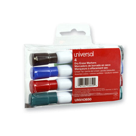 Universal™ Dry Erase Marker, Broad Chisel Tip, Assorted Colors, 4/Set