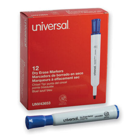Universal™ Dry Erase Marker, Broad Chisel Tip, Blue, Dozen