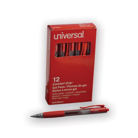 Universal™ Comfort Grip Retractable Gel Pen, 0.7mm, Red Ink, Translucent Red Barrel, Dozen