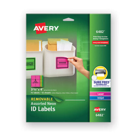 Avery® High-Vis Removable Laser/Inkjet ID Labels w/ Sure Feed, 3 1/3 x 4, Neon, 72/PK