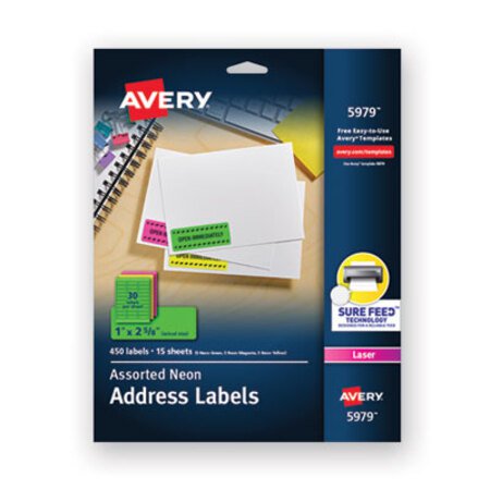 Avery® High-Visibility Permanent Laser ID Labels, 1 x 2 5/8, Asst. Neon, 450/Pack