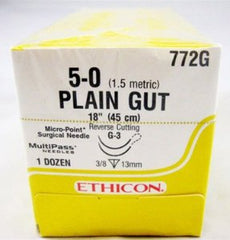J & J Healthcare Systems Suture with Needle Absorbable Uncoated Undyed Suture Plain Gut Size 5 - 0 18 Inch Suture Double-Armed 13 mm Length 3/8 Circle Reverse Cutting Needle