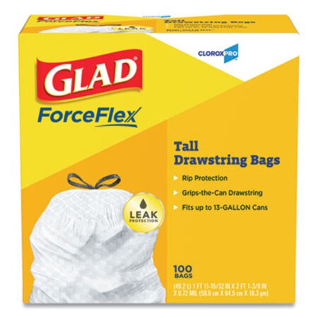 Glad® Tall Kitchen Drawstring Trash Bags, 13 gal, 0.72 mil, 24" x 27.38", Gray, 100/Box