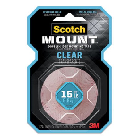 Scotch® Double-Sided Mounting Tape, Industrial Strength, 1" x 60", Clear/Red Liner