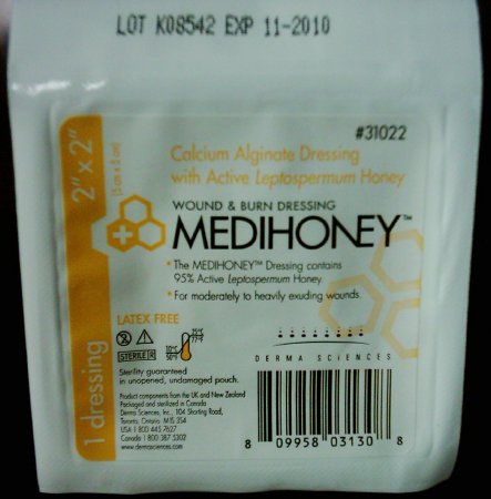 Calcium Alginate Dressing MEDIHONEY® 2 X 2 Inch Square Calcium Alginate / Active Leptospermum Honey Sterile