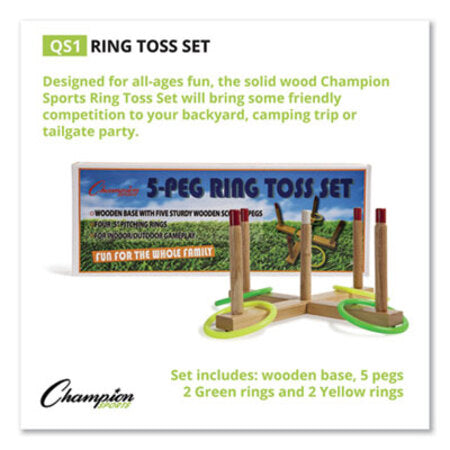 Champion Sports Ring Toss Set, Plastic/Wood, Assorted Colors, 4 Rings/5 Pegs/Set