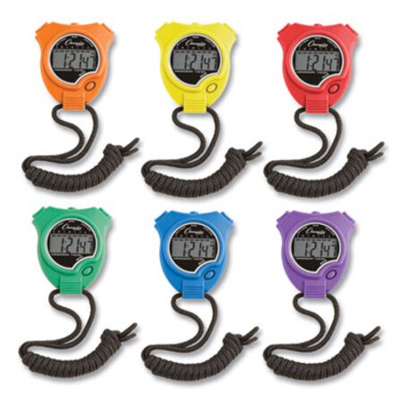 Champion Sports Water-Resistant Stopwatches, 1/100 Second, Assorted Colors, 6/Set