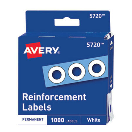 Avery® Dispenser Pack Hole Reinforcements, 1/4" Dia, White, 1000/Pack, (5720)