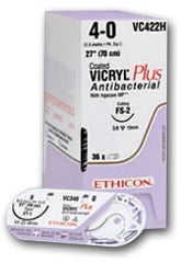 Suture with Needle Coated Vicryl Plus Absorbable Coated Violet Suture Braided Polyglactin 910 Size 0 27 Inch Suture 1-Needle 36 mm Length 1/2 Circle Reverse Cutting Needle