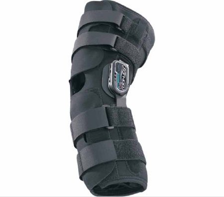 DJO Hinged Knee Brace DonJoy® Playmaker® Standard Small Wraparound / Hook and Loop Strap Closure 13 to 15-1/2 Inch Thigh Circumference / 12 to 13 Inch Knee Center Circumference / 10 to 12 Inch Calf Circumference Left or Right Knee