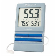 Fisher Scientific Digital Thermometer / Hygrometer with Alarm Fisherbrand™ Traceable® Fahrenheit / Celsius 32° to 140°F (0° to 60°C) Internal Sensor / External Probe Flip-out Stand / Wall Mount Battery Operated