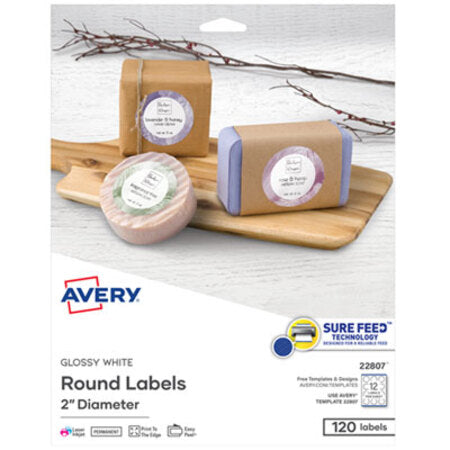 Avery® Round Print-to-the Edge Labels with Sure Feed and Easy Peel, 2" dia, Glossy White, 120/PK